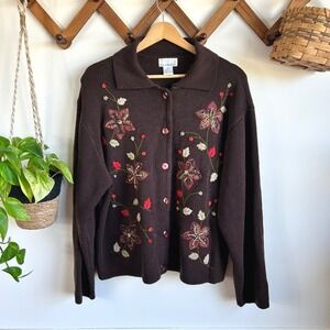 KB Collections Vintage Floral Embroidered Beaded Cardigan Sweater Brown XL